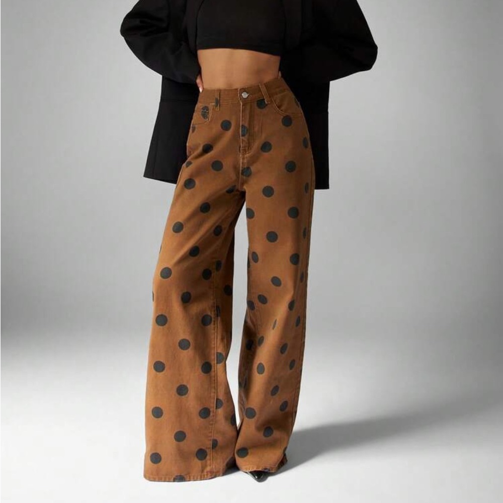 Missguided Brown Wide-Leg Polka Dot Pants with Black Dots